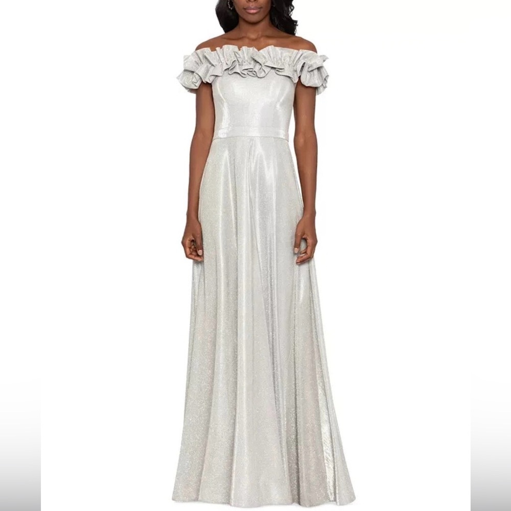 Xscape Silver Glitter Ruffle Dress